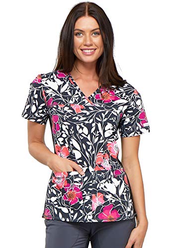 Cherokee Flexibles Women Scrubs Top V-Neck Knit Panel CK624, S, Floral Mystique