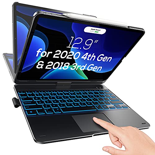Typecase iPad Pro 12.9 Keyboard Case for 2020 4th Gen/2018 3rd Gen with 10 Color Backlight Touchpad,7-in-1 iPad Keyboard 360Â°Protection & Rotation iPad Pro Case with Pencil Holder(Black)