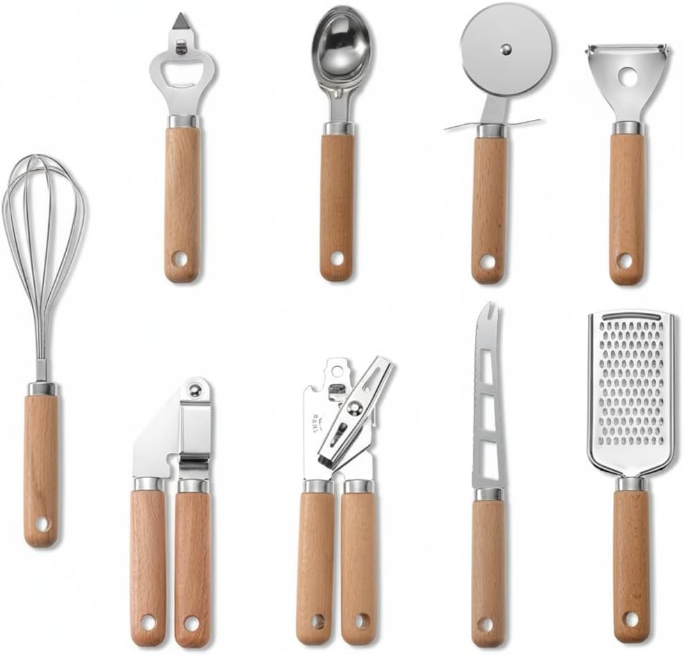 Kitchen Gadgets Set with Wooden Handles, 9-Piece Stainless Steel Utensil Set, Includes Bottle Opener, Ice Cream Scoop, Pizza Cutter, Can Opener, Whisk, Grater, Peeler