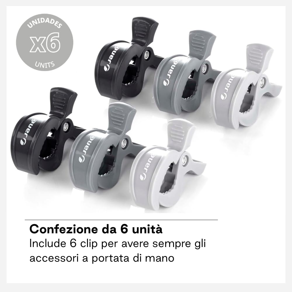 Jané Clip Passeggino Set 6 Pezzi, Pinze Universali Apertura 5,5 cm, Presa Forte per Mussole, Coperte e Giochi