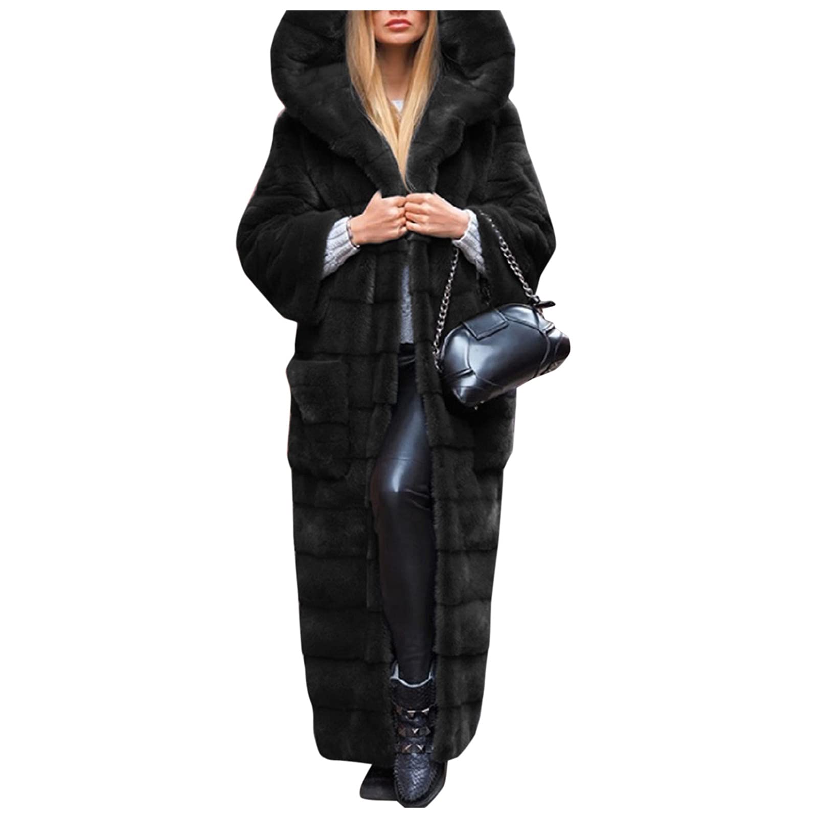 Manteau d'hiver pour femme - Veste à capuche chaude en fausse fourrure - Veste longue d'hiver pour femme - Élégante cardigan - Veste longue mi-saison - Veste en peluche avec fourrure