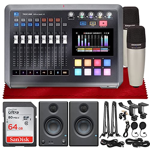 Tascam Mixcast 4 Podcast Studio Mixer Station With Built-In Recorder/Usb Audio Interface, 8 Sound-Effect, Records 14 Tracks, Comes W/ Basic C Accessories Bundle #TOP10