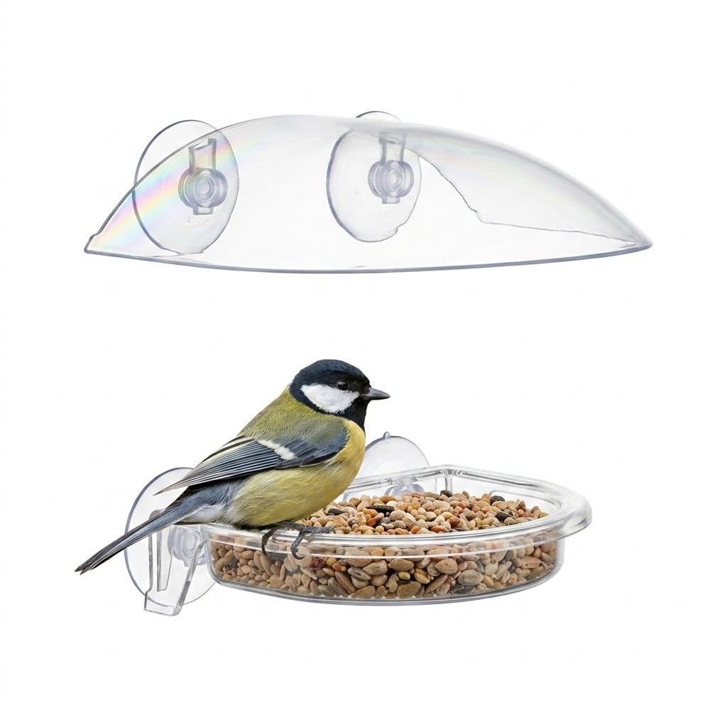 Bordeaux Window Bird Feeder - Clear Suction Cup Mounted Seed Feeder with Roof - Transparent Window Bird Feeder for Close Up Viewing