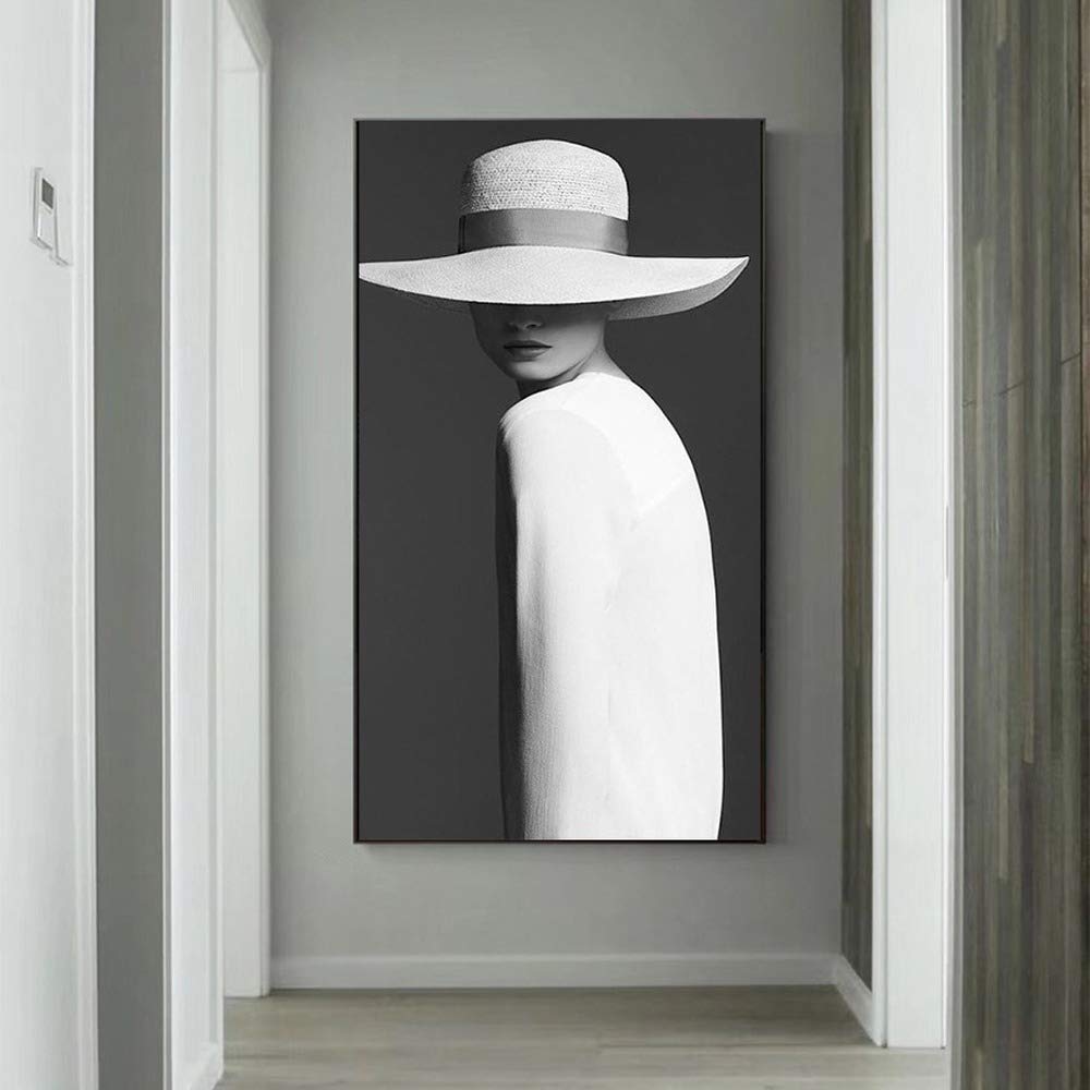 Toile peinture nordique fille au chapeau noir et blanc grand format 70x140cm pour salon