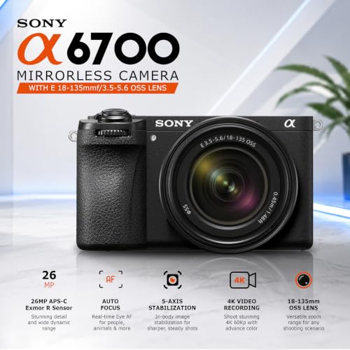 Image of Sony Alpha 6700 APS-C Camera with 18-135mm Zoom Lens Bundle, 26MP Sensor, 4K Video, AI Subject Recognition, Log Shooting, LUT Handling, Bag, Charger & 1-Year Warranty