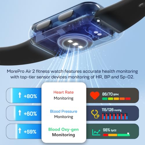 MorePro AIR2 Fitness Tracker, Smart Watch with 24/7 Heart Rate and Blood Pressure, Step Calorie Counter, Sleep Monitor, IP68 Waterproof Fitness Watch for Men Women iOS Android(Black)