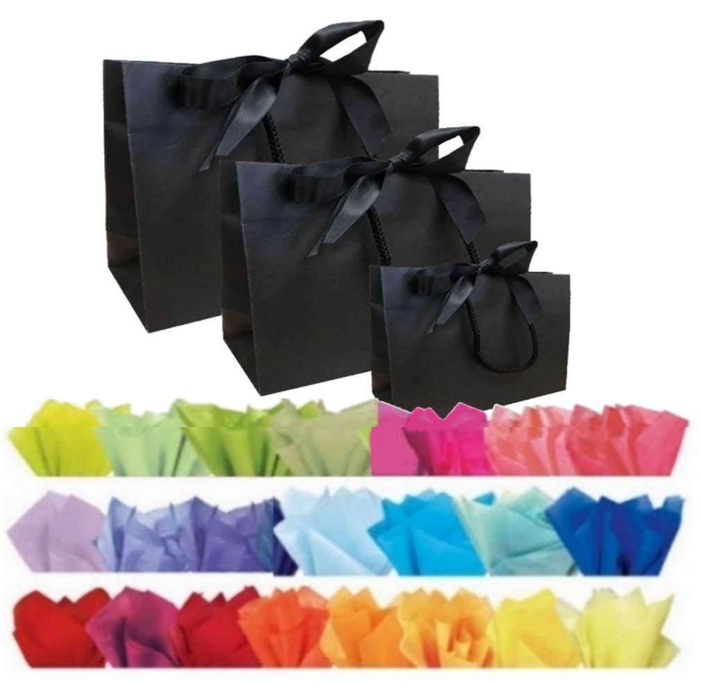 Black Boutique Luxury Shop Gift Bags & Tissue - Events Bag With Ribbon Tie - 3 SIZES (8 Bags, Black Medium)