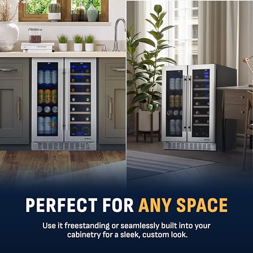 Image of NewAir 24 inch Dual Zone Beverage Refrigerator & Wine Cooler for 18 Bottles & 60 Cans | Freestanding or Built-In Under Counter Mini Fridge for Beer, Wine and Soda | Stainless Steel