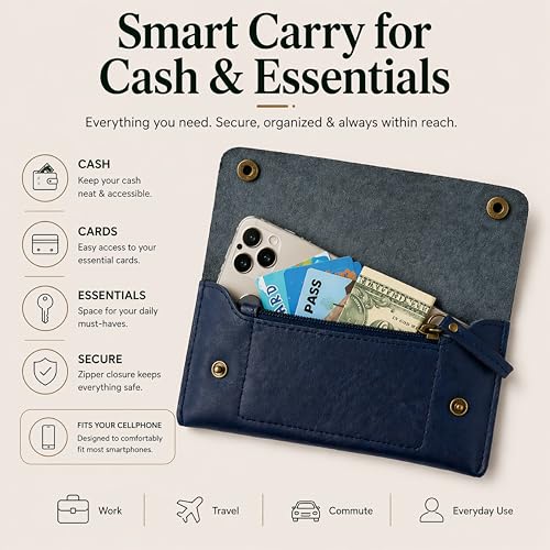 Image of Leather Currency Pouch - Handmade Cash Organizer with Double Button Closure & Zipper Pocket, Compact Money Holder for Travel & Everyday Use, 4 x 8 Inch (Blue)