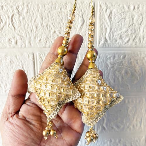 Image of Adikala Craft Store Handmade Ethnic Latkan Tassel Set of 2 for Saree Pallu, Blouse, Suits, Dupatta, Lehenga Decor (Golden S Cushion)