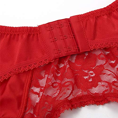 Womens Sexy Lace Mesh Garter Belt with 6 Adjustable Straps for Stockings Lingerie Red XXL