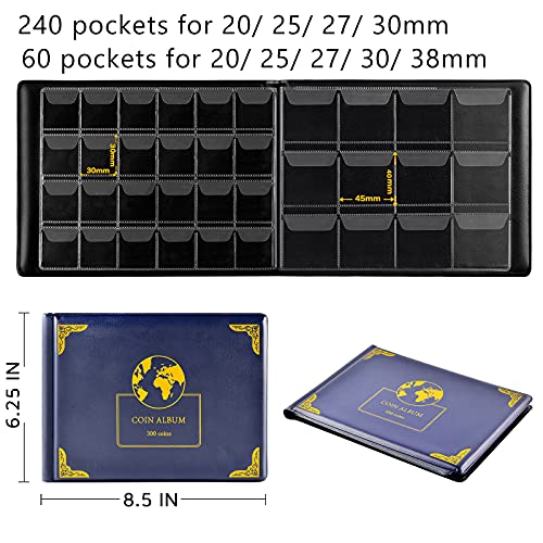 Aptbyte Coin Collection Supplies Holder Book for Collectors, 300 Pockets Coin Collection Organizer Storage Box Case Album for 20/25/ 27/30/ 38mm Coins- Blue - Thumbnail 4