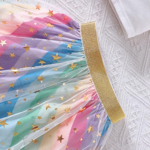 Image of Toddler Girls Suit Outfits 2 Piece Skirt Set Unicorn Ruffle T-Shirt and Rainbow Star Tutu Skirts for Big Kid Sizes 2-7T
