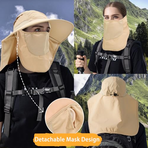 Image of Sun Hats for Men Women Detachable Face Cover Wide Brim Fishing Hats with Neck Flap UPF 50+ Outdoor Safari Hats