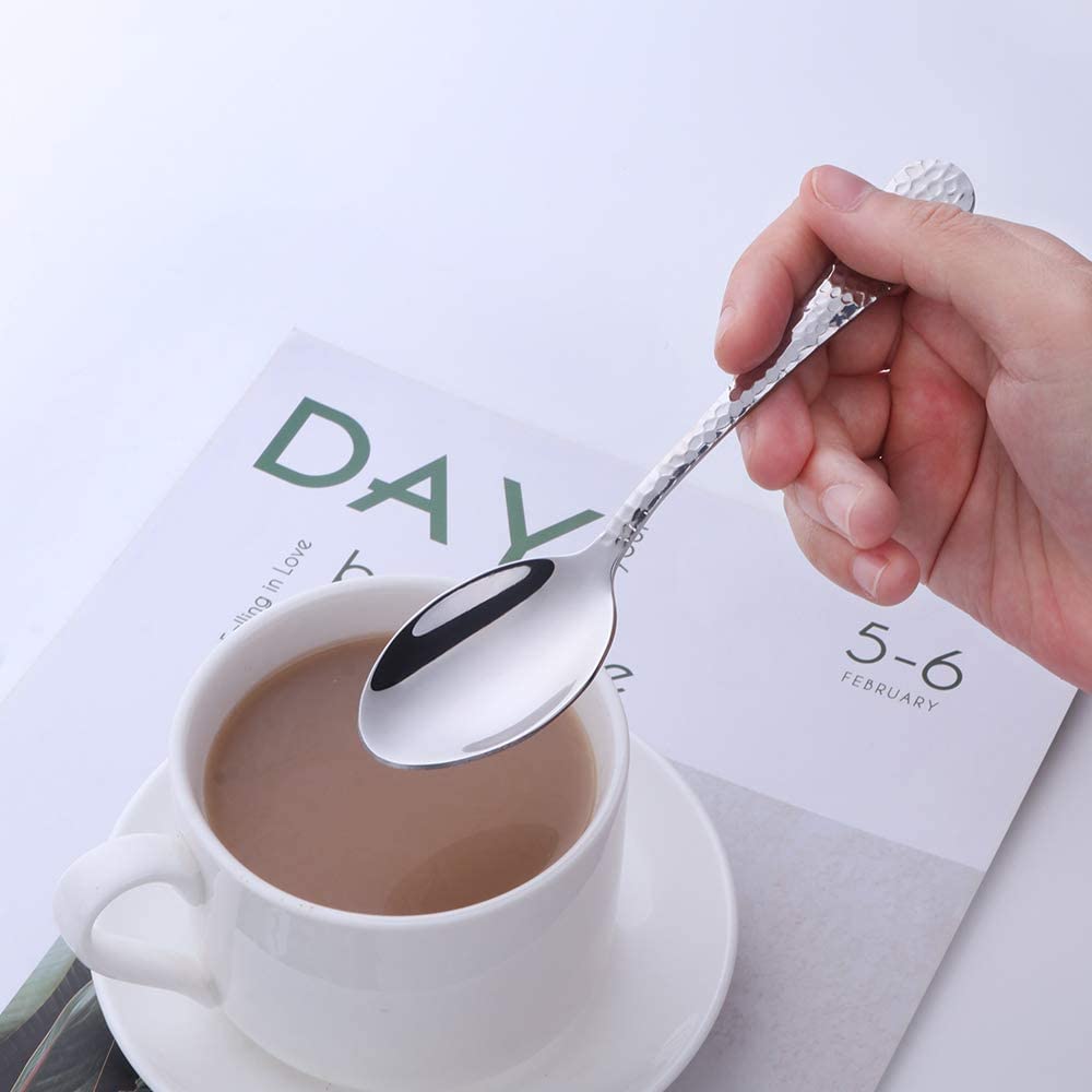 QOBIMOON 12-Piece Tea Spoons Hammered Surface Dessert Spoon Salad Spoon Use for Coffee Sugar Dessert Cake Ice Cream Soup Antipasto Cappuccino- 6.5 Inches, Silver