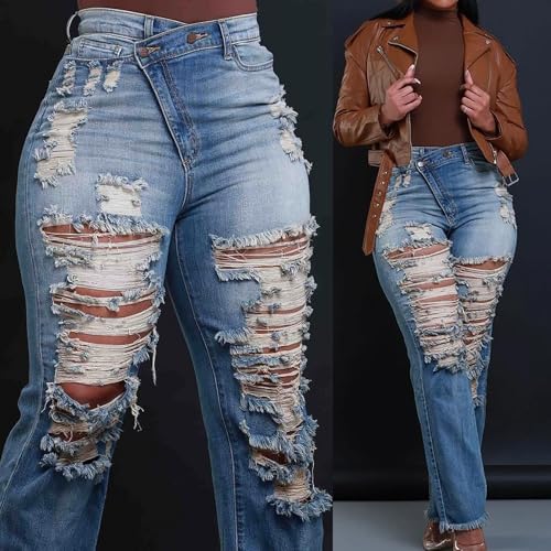 Women High Waisted Distressed Ripped Jeans Stretchy Long Denim Pants3