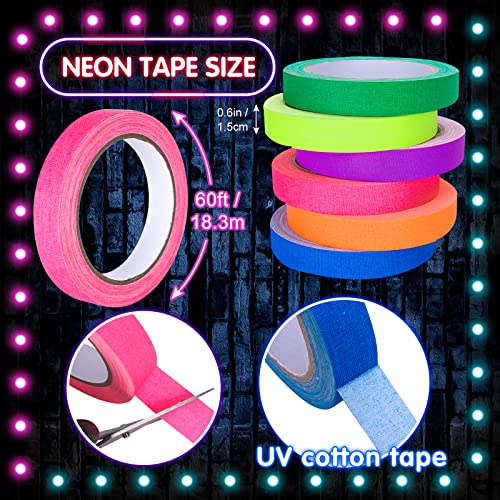 Image of Whaline 6 Colors Neon Gaffer Cloth Tape, Fluorescent UV Blacklight Tape for UV Party (0.6 inch x 60 feet)