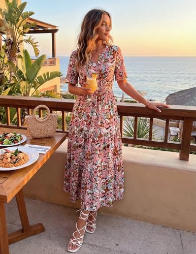 Image of ZESICA Women's 2026 Summer Spring Floral Boho Maxi Dresses Casual Short Sleeve V Neck A Line Flowy Beach Vacation Dress