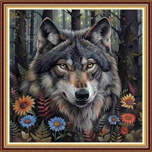 Image of Fanxvivy Stamped Counted Cross Stitch Kits for Adults Printed Cross-Stitch Patterns 11CT Stamped or Counted Cross Stitching Embroidery Kit Needlepoint Kits-Forest Wolf King 18x18 inch