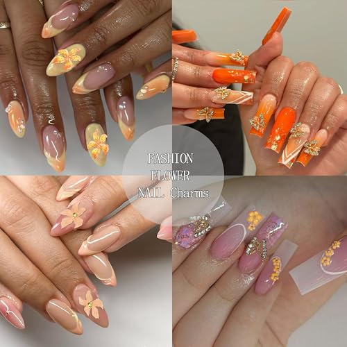 YOSOMMK 3D Orange Flower Nail Art Charms and Gems Adjustable Soft Acrylic Flower Nail Gems Gold Silver Butterfly Nails Charms with Pearls Rhinestones for Women Nails Design Decoration — view 6