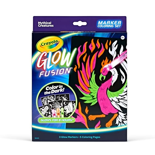 Crayola Glow Fusion - Mythical Creatures, 3 Glow Markers, Glow in The Dark Coloring Set, Kids Coloring Pages, Glow Toys, Gifts for Kids