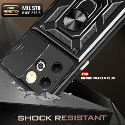 Image of AESTMO Tough Armor Infinix Smart 8 Plus Bumper Back Case Cover | Ring Holder & Sliding Camera Shield Cover | 360 Degree Protection Back Case Cover for Infinix Smart 8 Plus (Black)