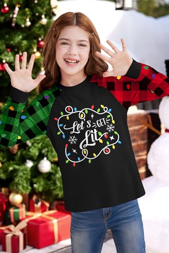 Image of BesserBay Girl's Christmas Buffalo Plaid Raglan Top Funny Holiday Graphic Shirt 4-14 Years