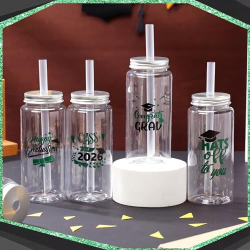 Jingmore 24 Pcs Graduation Cups with Straws Bulk 13.5 oz Class of 2026 Plastic Mason Jars Reusable Tumbler Coffee Tea Hot Cocoa Beverage Happy Graduation Tumbler for Congrats Grad Party Gifts(Green) by Jingmore - Image 6
