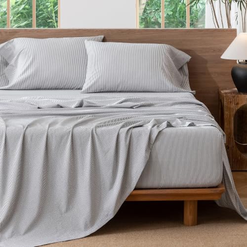 Image of MooMee Striped Sheet Set 100% Washed Cotton Linen Like King