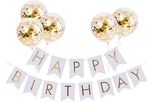 Tellpet White "Happy Birthday" Banner with 5 Gold Confetti Balloons