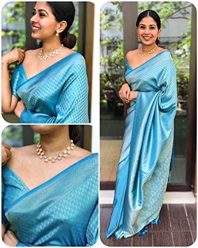 Image of Flosive Blue Banarasi Silk Saree with Traditional Gold Zari Work and Tassels for Women