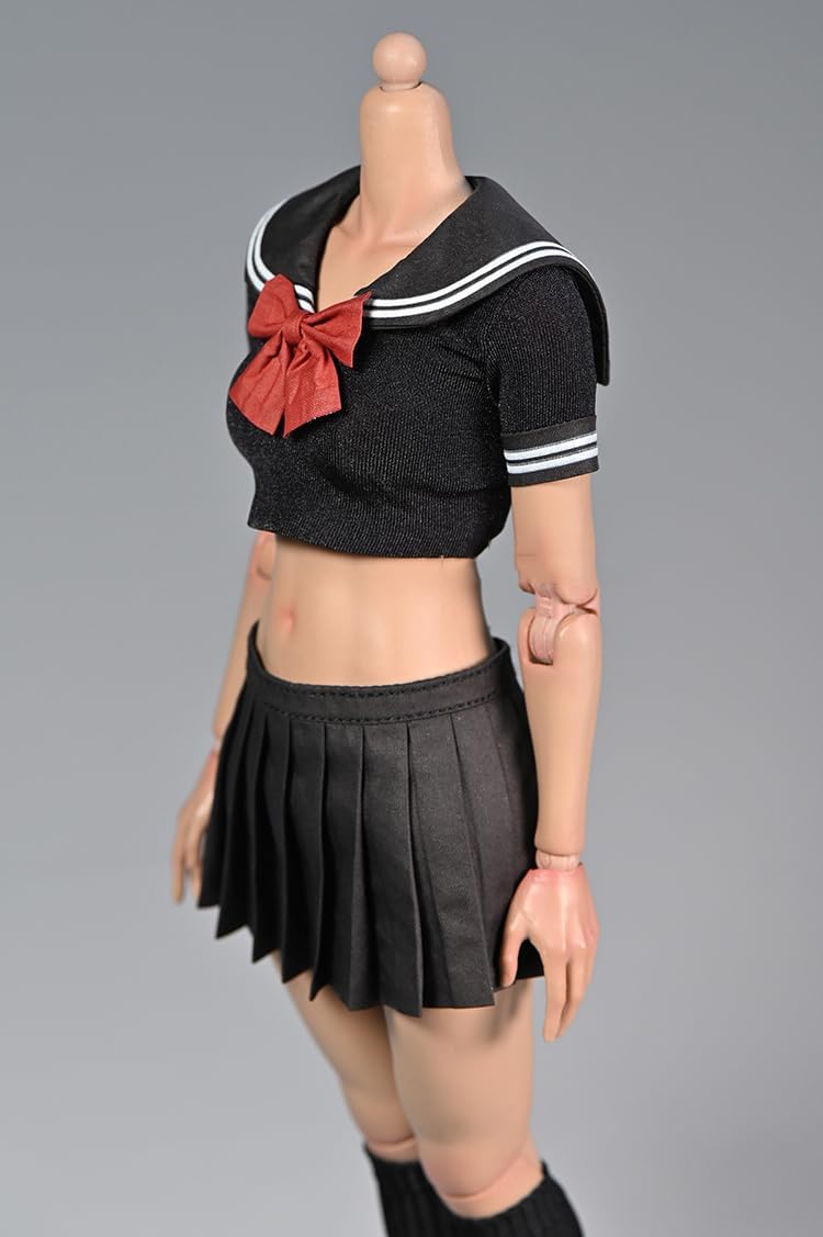 Fremego 1/6 Scale Female Student JK Uniform Clothes Set - Black, Anime School Uniform, 1PC Tops, 1PC Skirt, 1PC Bow Tie, Action Figure Clothes