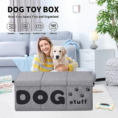 Qozary Dog Toy Storage Box - 3 Grids Large Dog Toy Basket and Storage Bin With Lid for Pet Supplies, Perfect To Keep Everything Organized - Image 3