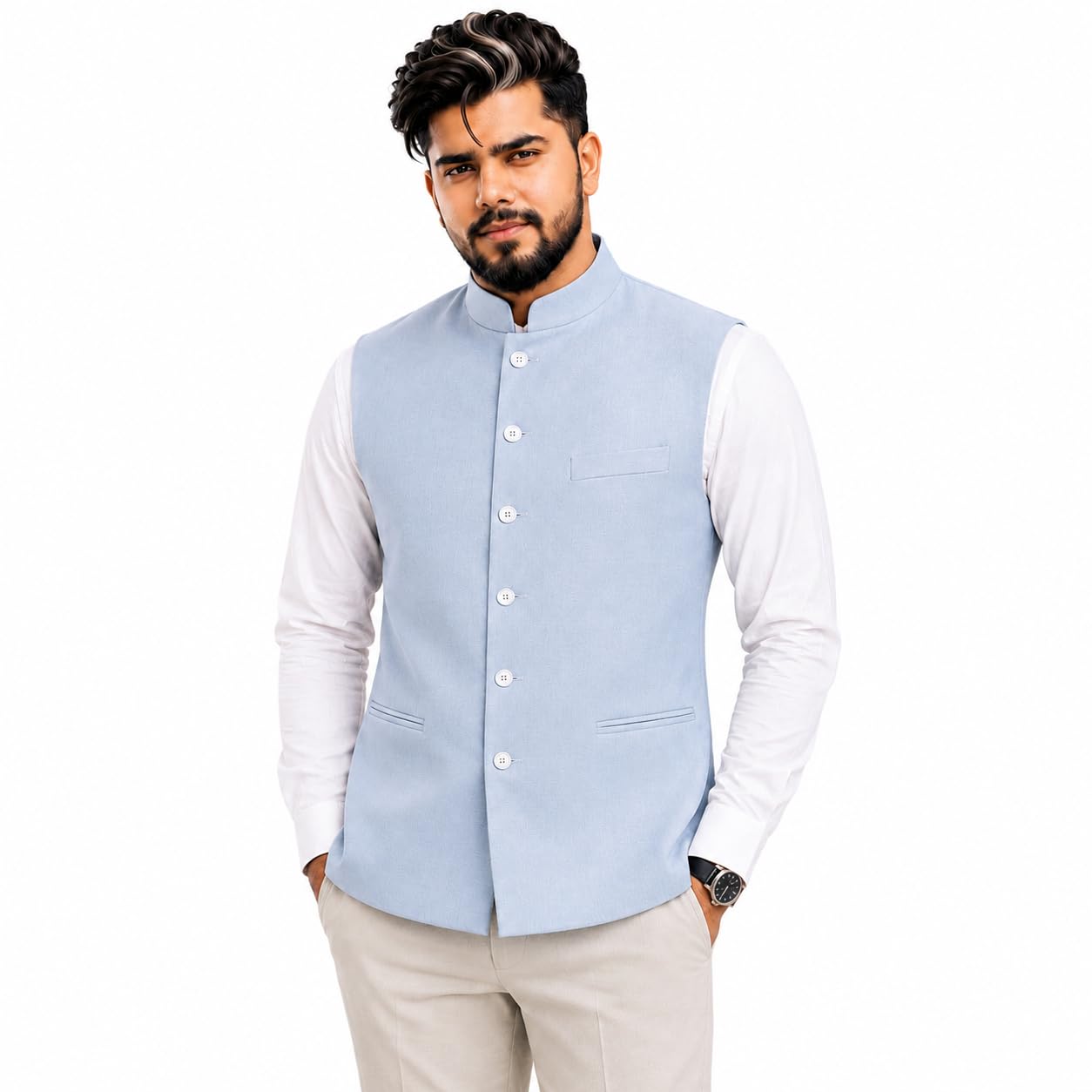 LEELAN Men's Cotton Blend Nehru Jacket (Modi Koti) | Regular Fit Ethnic Waistcoat | Mandarin Collar Sleeveless Vest for Kurta, Shirt, Wedding, Festive & Formal Wear-picture-51
