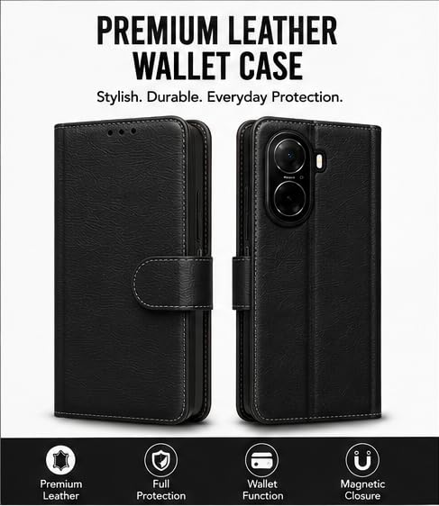 Image of HushLush Premium Flip Cover Compatible for Redmi A7 Pro | Shockproof Wallet Style Protective Case with Card Slots, Magnetic Closure, Stand Function & Full Body Protection (Plain Metallic) (Black)