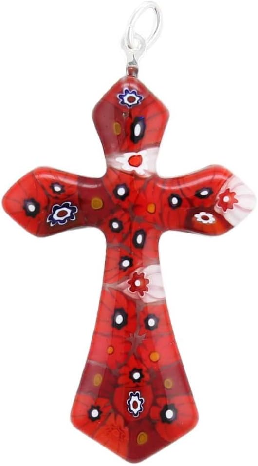 Glass Of Venice Murano Glass Red Millefiori Elegant Cross Pendant