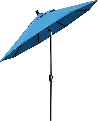 Miniatura 3 de California Umbrella Paraguas redondo de aluminio de 9 pies, manivela elevadora, botón de inclinación, poste negro, olefina azul escarcha