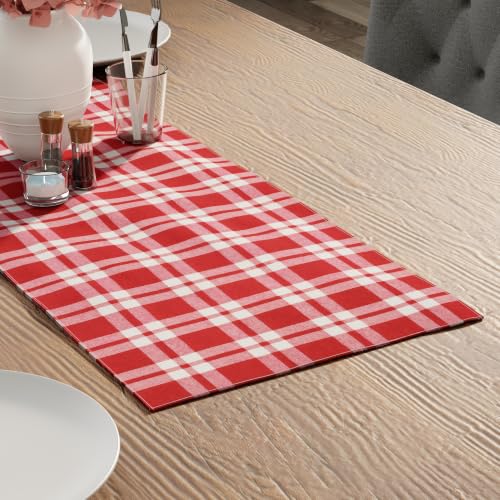 Image of Encasa XO Cotton Table Runner for 4 Seater | Size 13x36 in | Franca Red Checks - Machine Washable & Durable
