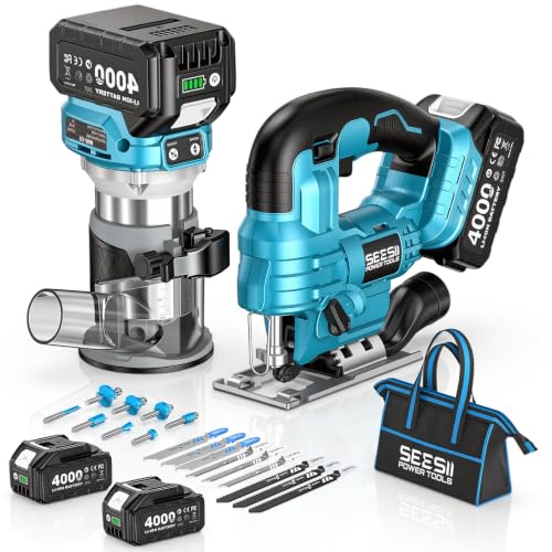 Image of SEESII Cordless Jigsaw and Wood Router Tool for Combo Kit | with Batteries and Charger, Brushless, Aluminum Palm Router, 0-45 Bevel Jig Saw, Adjustable Speed for Cutting & Trimming