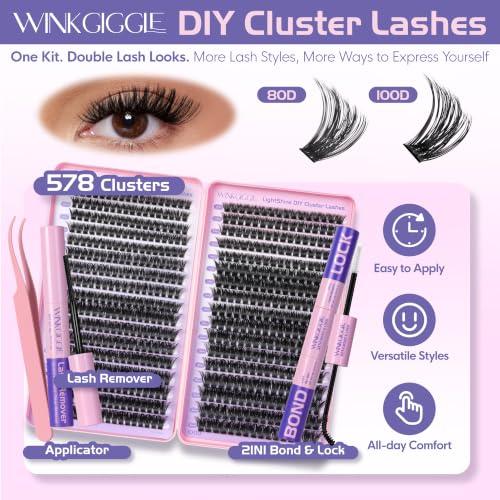 Image of Lash Clusters Kit 578pcs-Fluffy Lash Clusters, D Curl Cluster Eyelash Extensions Kit Individual DIY Lashes with Bond Seal Tweezers Remover, 8-16mm (80D+100D)
