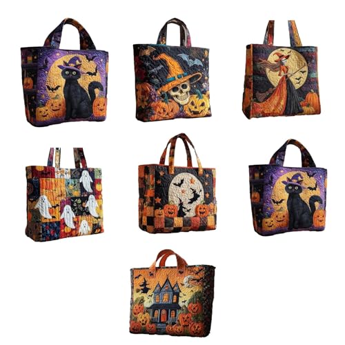Halloween Quilted Tote Bag, Spooky Ghost Pattern Design Tote Bag for Women, Cute Reusable Ladies Shoulder Bag for Halloween