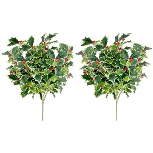 Admired by Nature Artificial Holly Leaves with Berries Bush Bouquet - for Holiday Winter Christmas Home Decor Faux Floral Arrangement for Crafts Events Funerals Cemeteries - Set of 2 Green
