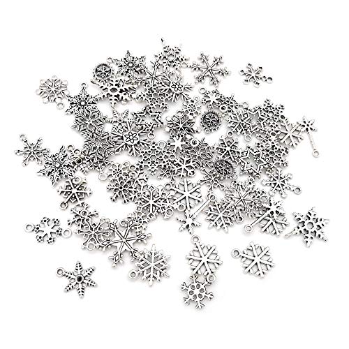 SJUNJIE 90 Stück Mini Schneeflocke Anhänger Charms Weihnachten Deko für DIY Basteln Ornamente Armband Schmuck Halskette Ohrringe Bettelarmband Weihnachtsschmuck(Silber) Cover