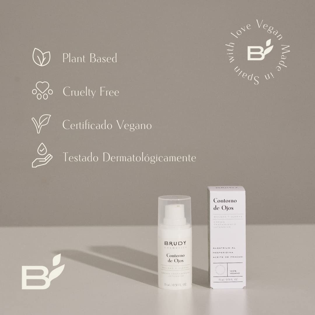 Brudy Cosmetics - Contour des yeux avec DHA | Action antioxydante et anti-gagiste | Réduit les rides, les lunettes noires, les poches et les rides | Sans toucher gras | Végétalien | 15 ml