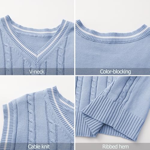 Sweater Vest Men - Men's V Neck Cotton Vest，Pullover Cable Knit Vest for Men Fit Business Casual for Fall Winter Layering Light Blue