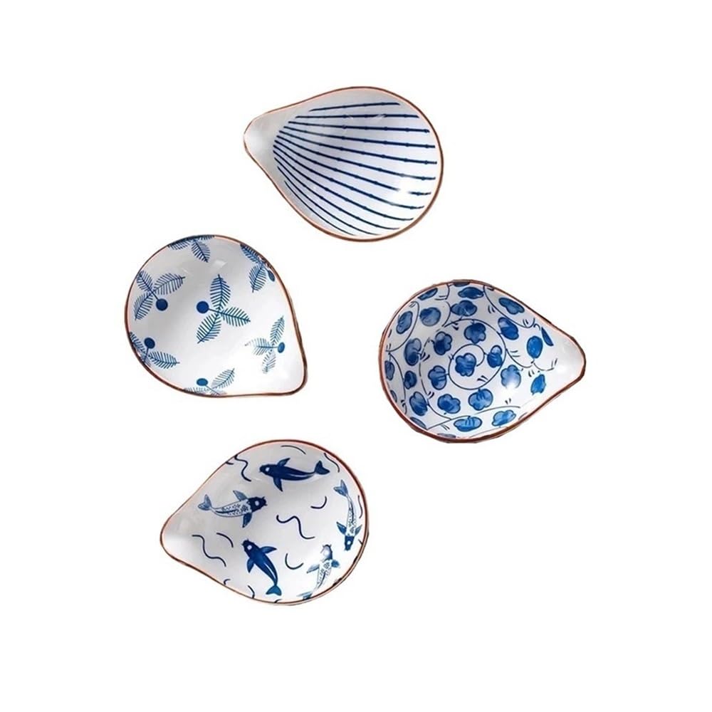 pojemnik na przekąski 4 ceramiczne talerzyki na sos, niebiesko-biała porcelana, przyprawa do sosu sojowego, ceramika, sos do sushi(Brown Stroke)