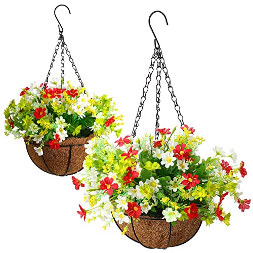 2 Pcs Artificial Hanging Flowers With Basket Fake Daisy Flowers 12 Inch Artificial Hanging Baskets With Flowers And Coconut Lining For Outdoor Indoor Courtyard Garden Patio Lawn Decoration #TOP22
