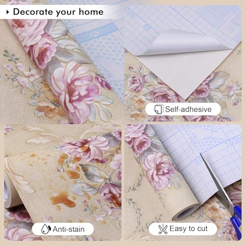 Image of Cream Pink Rose Flower Wallpaper - Self Adhesive Peel and Stick Floral Wall Stickers, Waterproof PVC Vinyl Decorative Paper for Home, Bedroom, Living Room & Furniture (45cm x 300cm)