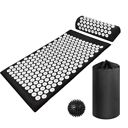 Acupressure Mat and Pillow Set with Oxford Bag, for Neck Back Pain, Muscle Relaxation Stress Relief, Relieve Sciatica and Pain Relief Set (Black)