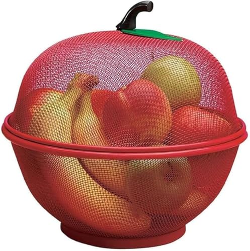 Image of Fruits Bowl Basket Apple Shape Mesh with lid Tabletop Vegetable Holder Keep Unwanted Pets & Insects Out Kitchen Dishwashing Drain Basket (Red)